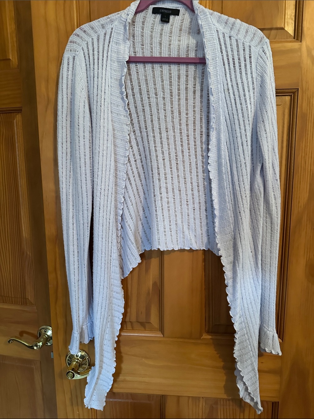 Express Light lilac Open-Front Ribbed Cardigan with Ruffle Trim
